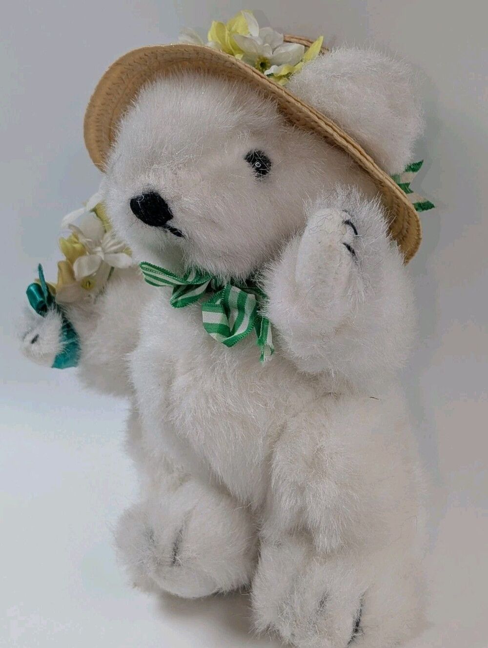 Vintage 1985 Gorham Aloysius April Plush Teddy Bear Straw Hat Flowers Collectibl